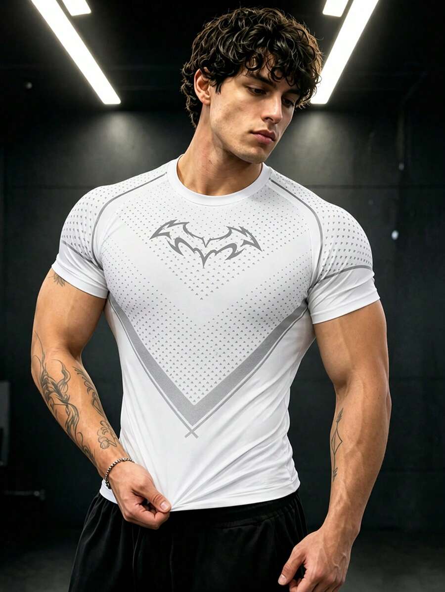 GymBeat 男士蝙蝠印花短袖修身運動T恤 - 彩色 - 查看 1