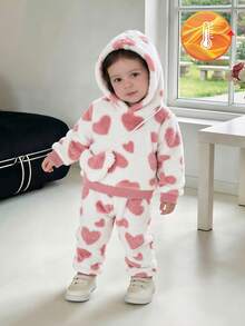 SHEIN Vintaside Kids 嬰兒毛絨套裝，加厚珊瑚絨連帽套裝附袋，可愛粉色與白色條紋愛心設計，秋冬家庭親子搭配校園風 - 白色 - 查看 8