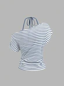 Sweetra 女款夏季度假風條紋不對稱剪裁露背透視背心 T-shirt - 藍白色 - 查看 2