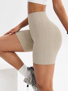 Core Rhythm New Summer Women's Solid Color Matte High Waist Seamless 3/4 Length Sports Shorts, High Elasticity Skin-Friendly Tummy Control Non-Rolling Yoga Cycling Workout Shorts - Beige - View 5