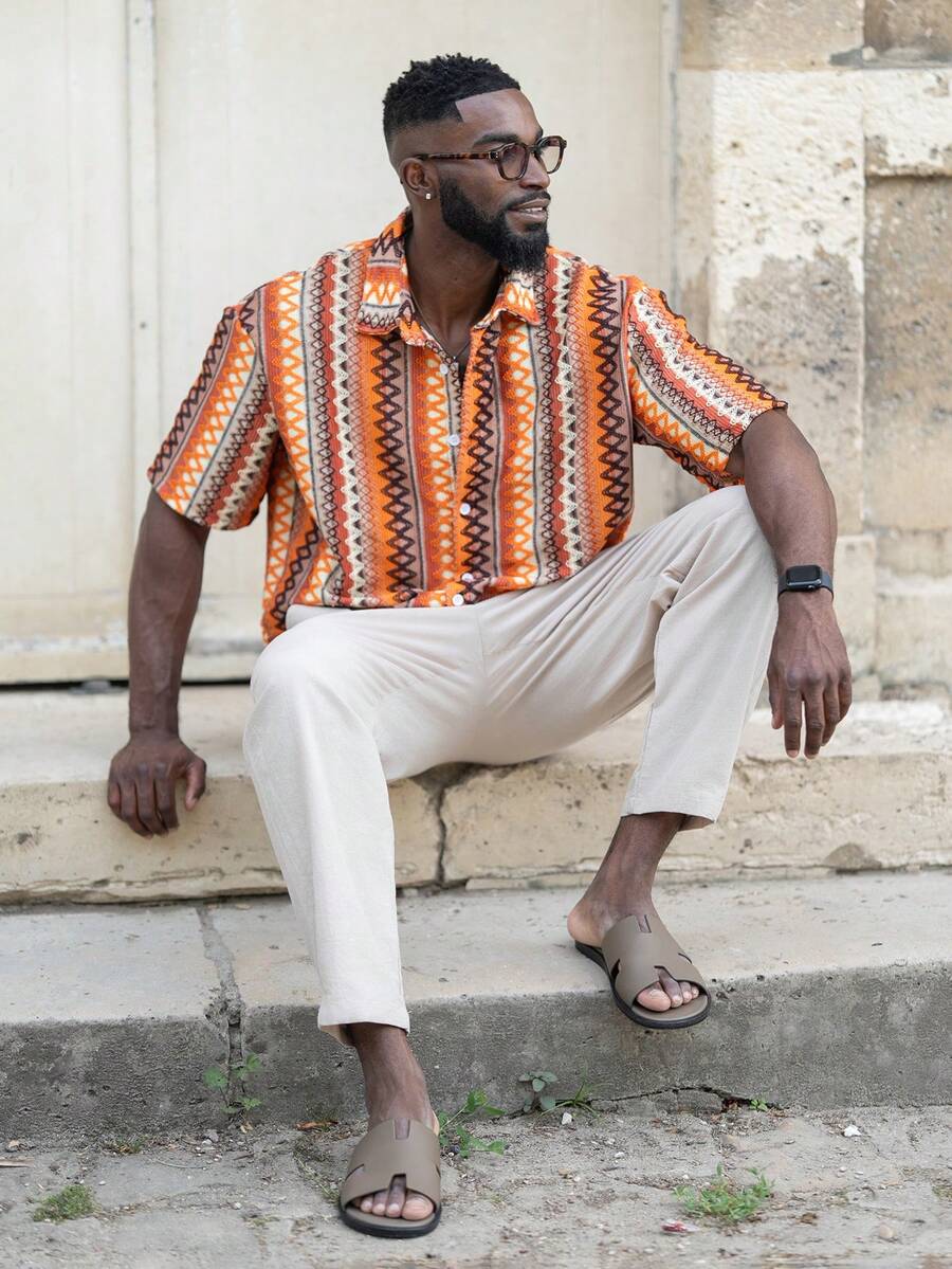 thenoahjr thenoahjr Men's Knitted Casual Loose Short Sleeve Jacquard Pattern Shirt, Everyday Wear, Young Style - Multicolor - View 1