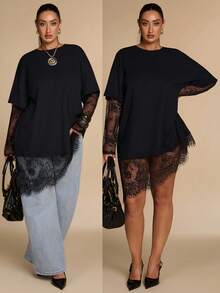 SHEIN BAE CURVE Plus Size Women's Ruched Short Sleeve Lace Patchwork Top, Plus Size Plus Size T-Shirt Fall,Teacher Outfits,Basic Blouses,Elegant Evening Party, - Black - View 1