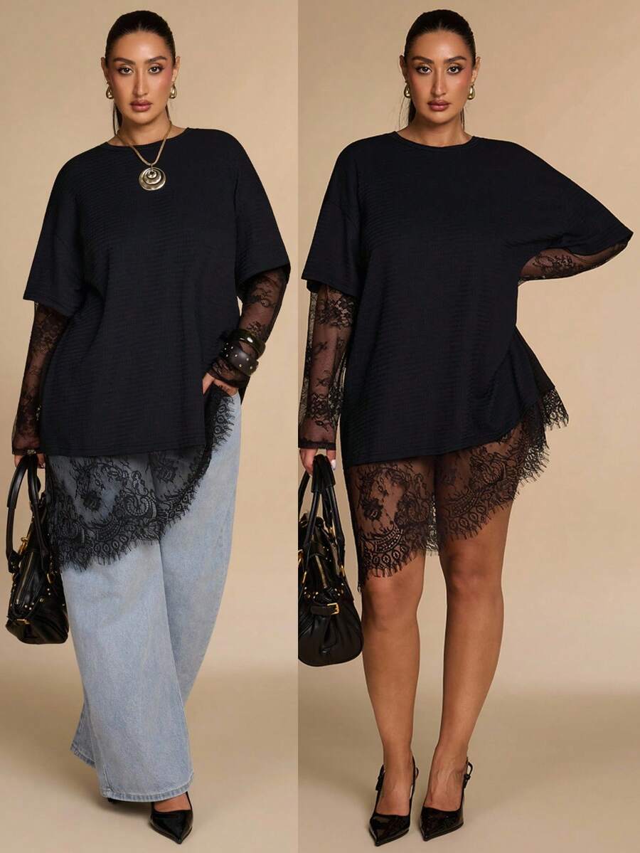 SHEIN BAE CURVE Plus Size Women's Ruched Short Sleeve Lace Patchwork Top, Plus Size Plus Size T-Shirt Fall,Teacher Outfits,Basic Blouses,Elegant Evening Party, - Black - View 1
