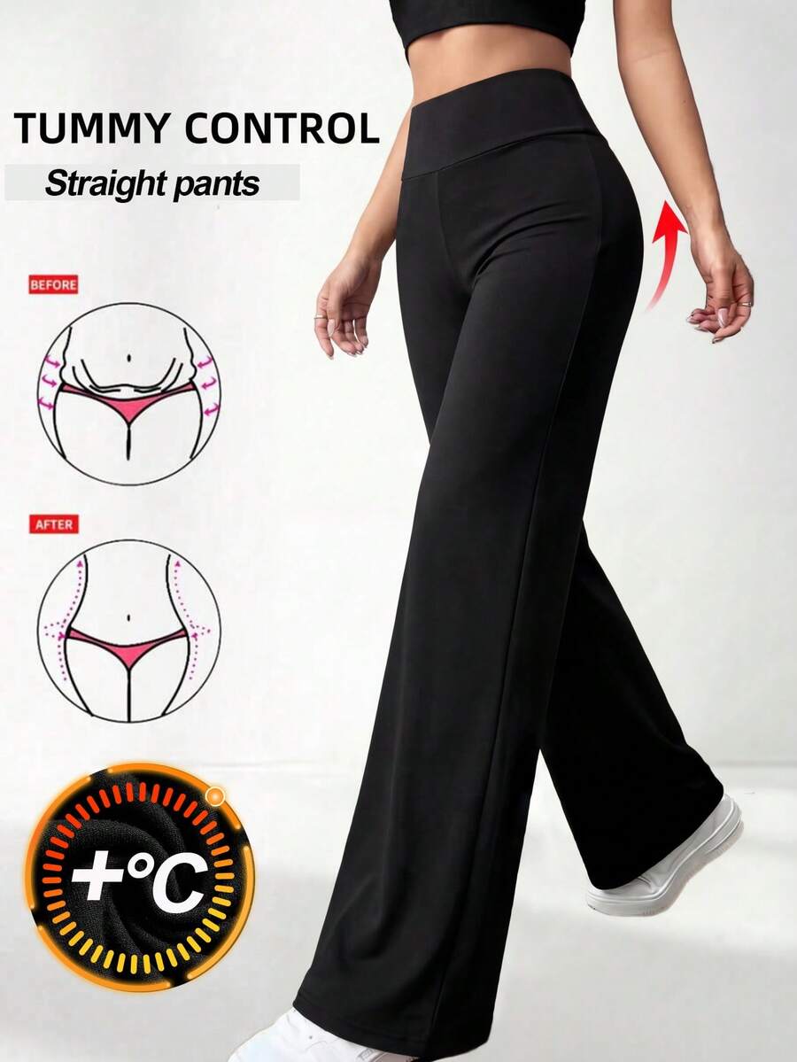 SHEIN Girlism Teen Girl Black Knitted Fleece-Lined High Waist Wide Leg Pants, Fall Outfits, Fall Clothes, Winter, Leggings, Cozy, Warm, Simple, Commute, Stretchy - Black - View 1
