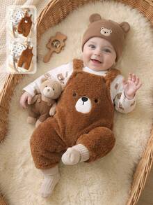 Souflis Unisex Infant Bear Embroidered & Printed Plush Overalls With Bear Pattern Long Sleeve Top - Coffee Brown - View 5
