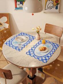 SHEIN 1 Piece, 2 Pieces, 4 Pieces, 6 Pieces, French Pastoral Blue And White Checkerboard Placemat, Linen Fabric Goblet Printed Thermal Insulation Mat, Restaurant Western Food Decorative Table Mat - Blue - View 7