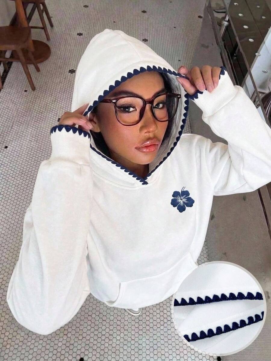 SHEIN 青少年女孩秋冬休閒花卉印花運動衫 - 白色 - 查看 1