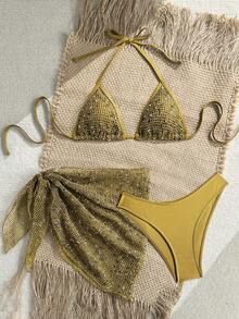 Swim SXY 3-Piece Net Fabric Special Fabric Set, Cocok Untuk Pakaian Renang Wanita Musim Semi dan Musim Panas. Set 3-Piece Net Fabric, Set Bikini, dan Pakaian Seksi. - Kuning - View 3