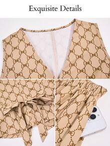 SOLERSUN Women's Old Money Aesthetic Geometric Print V-Neck Waistcoat & Lantern Pants With Pockets Suit - Khaki - View 8