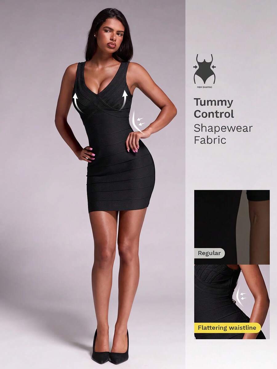 Nuvra Sexy V-Neck Spaghetti Strap Dress With Line Decor, Fashionable Elegant Short Design, Height-Enhancing Commuter Style - Black - View 1