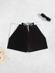 ZELFYO Men's Drawstring Waist Color Block Casual Shorts, Suitable For Summer Vacation - Black - View 3