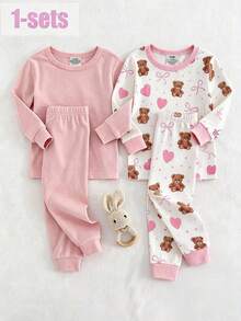 Baby Girl Snug Fit High Elasticity Knitted Ribbed Brushed Soft Comfortable Long Sleeve Heart Pink Bow Coffee Color Fuzzy Bear Top With Matching Full Length Pink Cuff Pants - Coral Pink - View 9