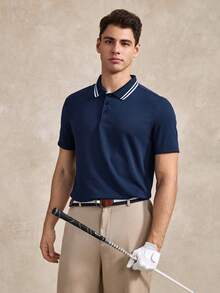 Courvante Men's Striped Short Sleeve Casual Commuter Polo Shirt, Formal - Navy Blue - View 5