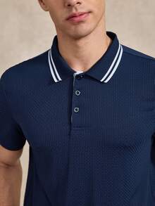 Courvante Men's Striped Short Sleeve Casual Commuter Polo Shirt, Formal - Navy Blue - View 6