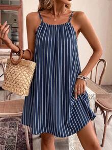 SHEIN Frenchy 女款短洋裝休閒熱帶極簡度假波希米亞優雅浪漫復古海軍藍白條紋印花正式襯衫 - 彩色 - 查看 2
