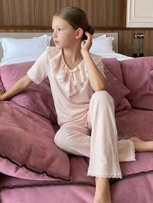 DAZY Tween Girls V-Neck Bow Decor Frill Trim Design Top And Straight Leg Pants 2 Pieces Set Loungewear - Apricot - View 3