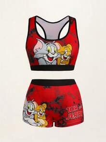TOM & JERRY X SHEIN Women's Cartoon Print Lingerie Set - Red - View 1