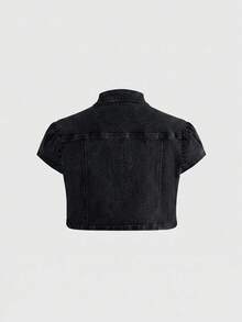 ROMWE Grunge Punk 夏季音樂節穿搭復古龐克風海軍藍鈕扣設計短版牛仔背心上衣 - 黑色 - 查看 3