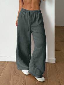 StreetHx Petite Women's Summer Textured Fabric Straight Leg Pants - Flint Stone - View 4