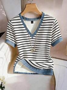 GlowEve CURVE Plus Size Women's V-Neck Effect Patchwork Striped Short Sleeve Shirt, Summer - Multicolor - View 3