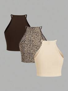 SHEIN EZwear 3件組休閒豹紋女款背心，適合夏季 - 彩色 - 查看 2