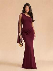 SHEIN Glamour Elegant Fashion Solid Color Ribbon Decor Women's Long Dress, Suitable For Evening Dinner Party, Bachelorette Party, Cocktail Party Summer - Burgundy - View 4
