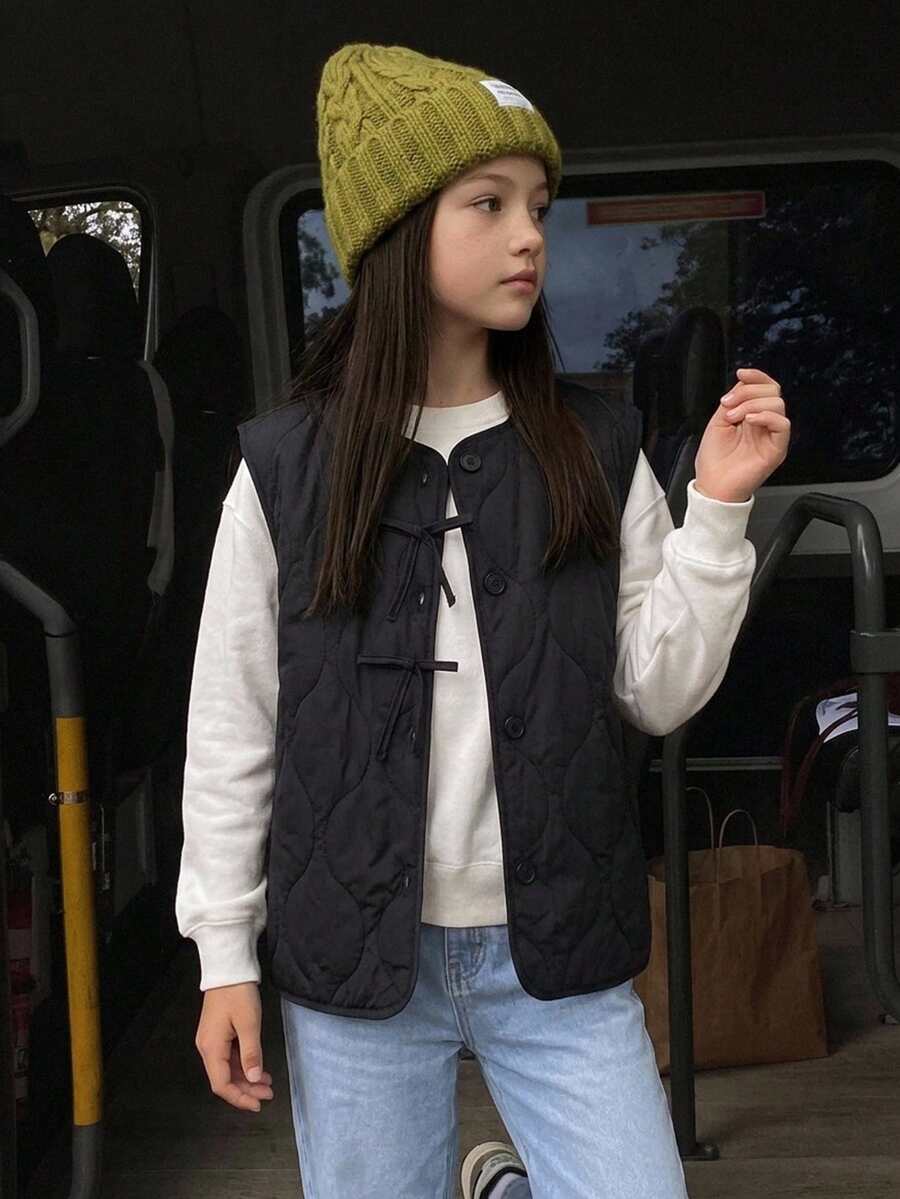 Hapijoa Jaket Katun Berbantalan Kasual Warna Polos untuk Pakaian Sehari-hari Musim Dingin untuk Anak Perempuan Remaja - Hitam - View 1