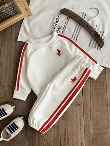 SHEIN Souflis Bộ áo nỉ và quần nỉ phối màu kẻ sọc cho bé trai - Màu be - Xem 5