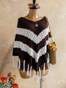 Soleia Selendang Rajut Wanita Motif Garis Cokelat Blok Warna dengan Rumbai di Bagian Bawah, Cocok untuk Liburan Musim Panas Gaya Boho. - MultiWarna - View 7