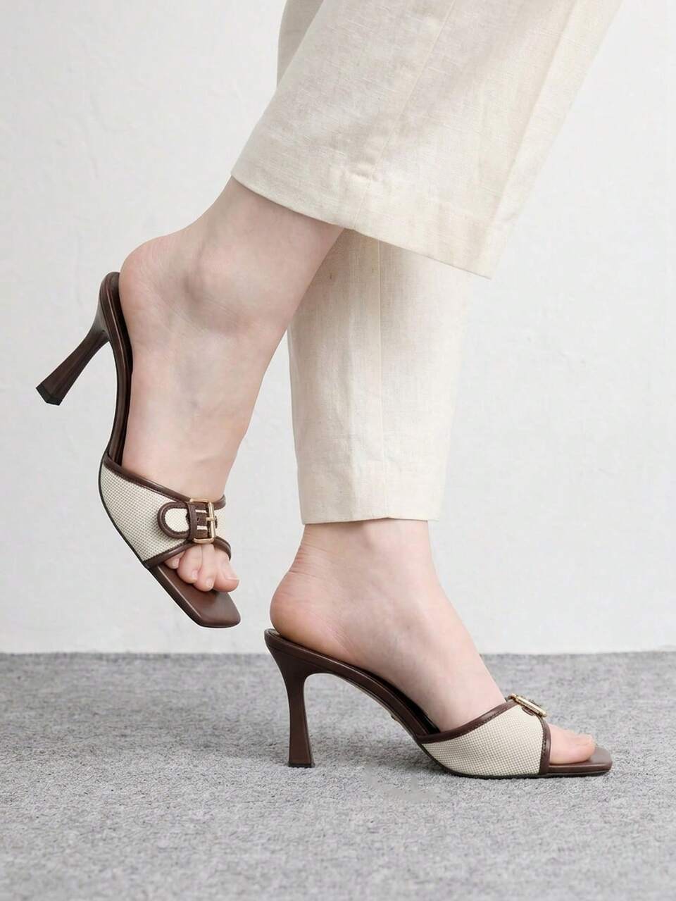 CUCCOO BIZCHIC Women's Spring/Summer New Coffee Color Patchwork Buckle High Heel Sandals, Fashionable Comfortable Versatile Commuter Slippers