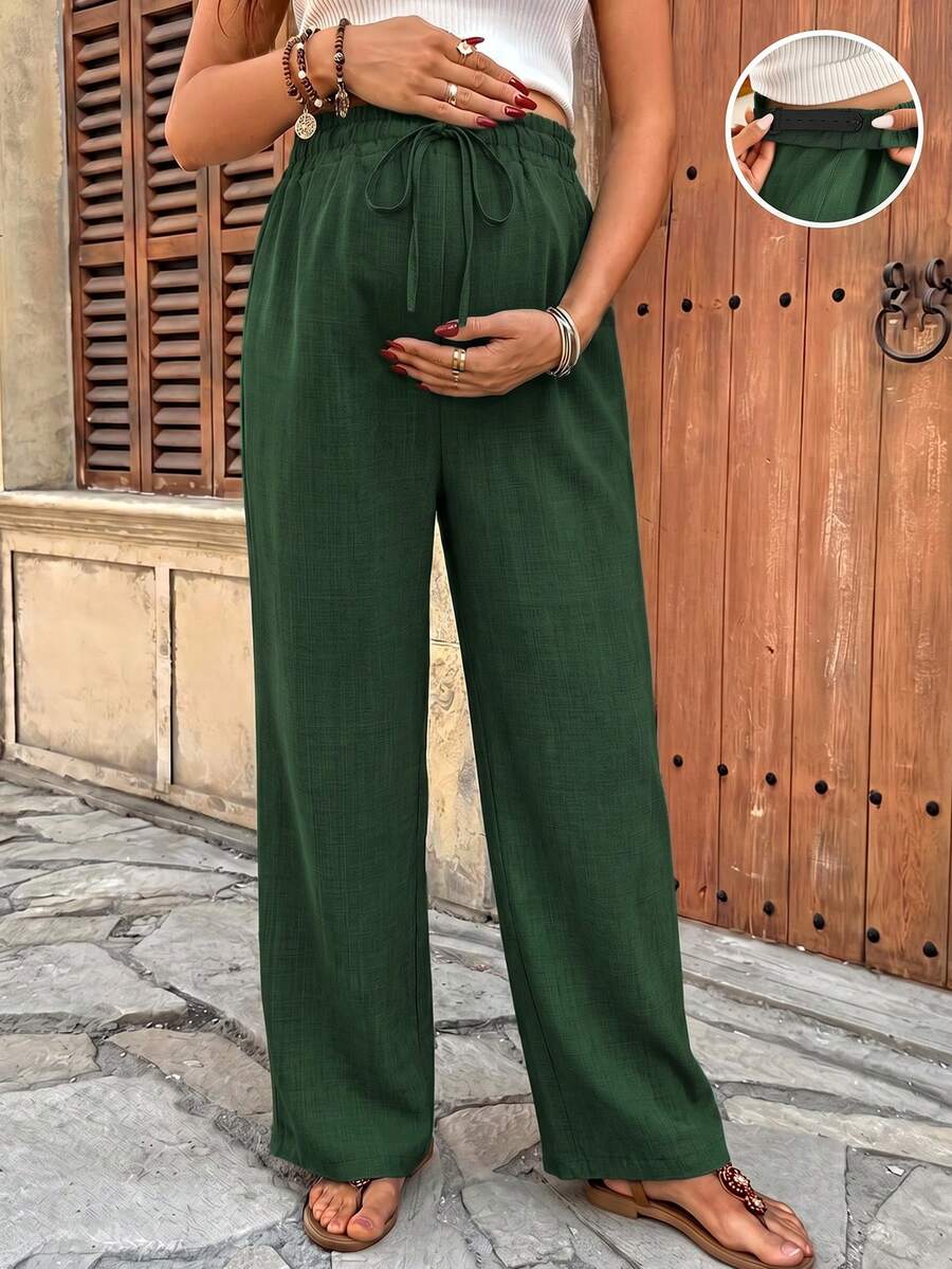 SHEIN Maternity Solid Color Adjustable Waist Wide Leg Long Pants - Dark Green - View 1