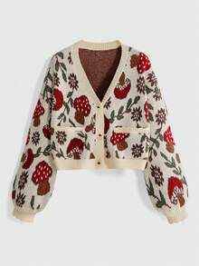 ROMWE Fairycore Cardigan de punto de manga larga con un solo botón, diseño de hongo lindo, talla grande para mujer, suéter de otoño e invierno - Albaricoque - Ver 1