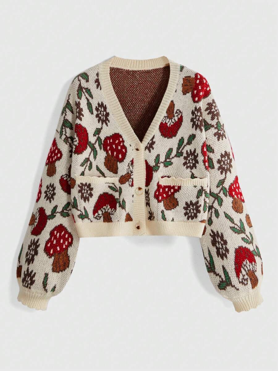 ROMWE Fairycore Cardigan de punto de manga larga con un solo botón, diseño de hongo lindo, talla grande para mujer, suéter de otoño e invierno - Albaricoque - Ver 1