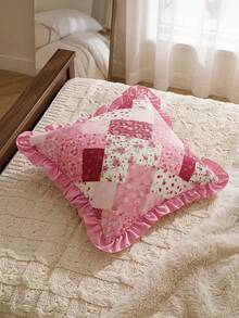 SHEIN 1 Piece, Retro Patchwork Ruffle Edge Pillow Cover, Ambient Flower Cushion Cover, Sofa Bedroom Home Decoration 30 * 50cm/45 * 45cm 3 Optional - Multicolor - View 10