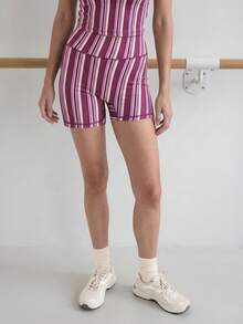 Nöista Part Of A Set. High-Waist Shorts In Burgundy And Lavender Multi Stripe Print. Perfect For Activewear, Barre, Yoga, Workout And Gym., Back To School - Purple - View 7