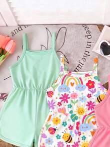 3pcs/Set Baby Girls' White Cute Summer Vacation Rainbow Cartoon Print Spaghetti Strap Round Neck Soft Comfortable Casual Versatile Rompers,2026 New - Multicolor - View 4
