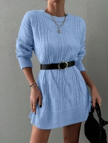 EURMUSE Cable Knit Split Hem Drop Shoulder Sweater Dress Without Belt - Baby Blue - View 5