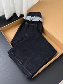 SHEIN Tween Girls' Summer Cotton Washed Versatile Fashion Casual Comfortable Loose Fit Elastic Waist Plaid Ruffle Hem Blue Washed Denim Long Pants - Blue - View 8