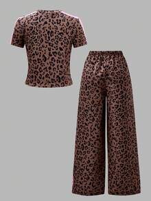 SHEIN 2pcs/Set Teen Girls Short Sleeve & Long Pants Set, Bow Ribbon Pink, Suitable For Spring/Summer, Sports & Commute - Brown - View 4