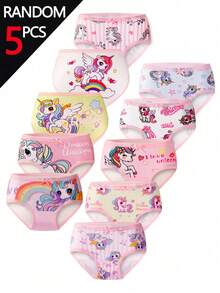 5pcs Celana Dalam Anak Perempuan Motif Unicorn Acak, Gaya Dasar Sederhana dan Manis, Desain Kartun Berwarna-warni Merah Muda Lembut, Celana Dalam Segitiga Lucu untuk Anak Perempuan Muda - MultiWarna - View 3