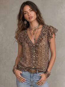 Solivie Blusa Feminina de Verão com Estampa de Leopardo e Babados - Multicolorido - Visão 7