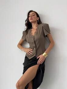 Aloruh Women's Elegant U-Neck Lace Patchwork Slim Fit Waist Short Sleeve Blazer - Brown - View 5