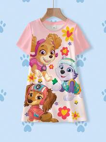 SHEIN | PAW Patrol 少女夏季可爱小狗和花卉印花短袖连衣裙 - 白色 - 查看 1