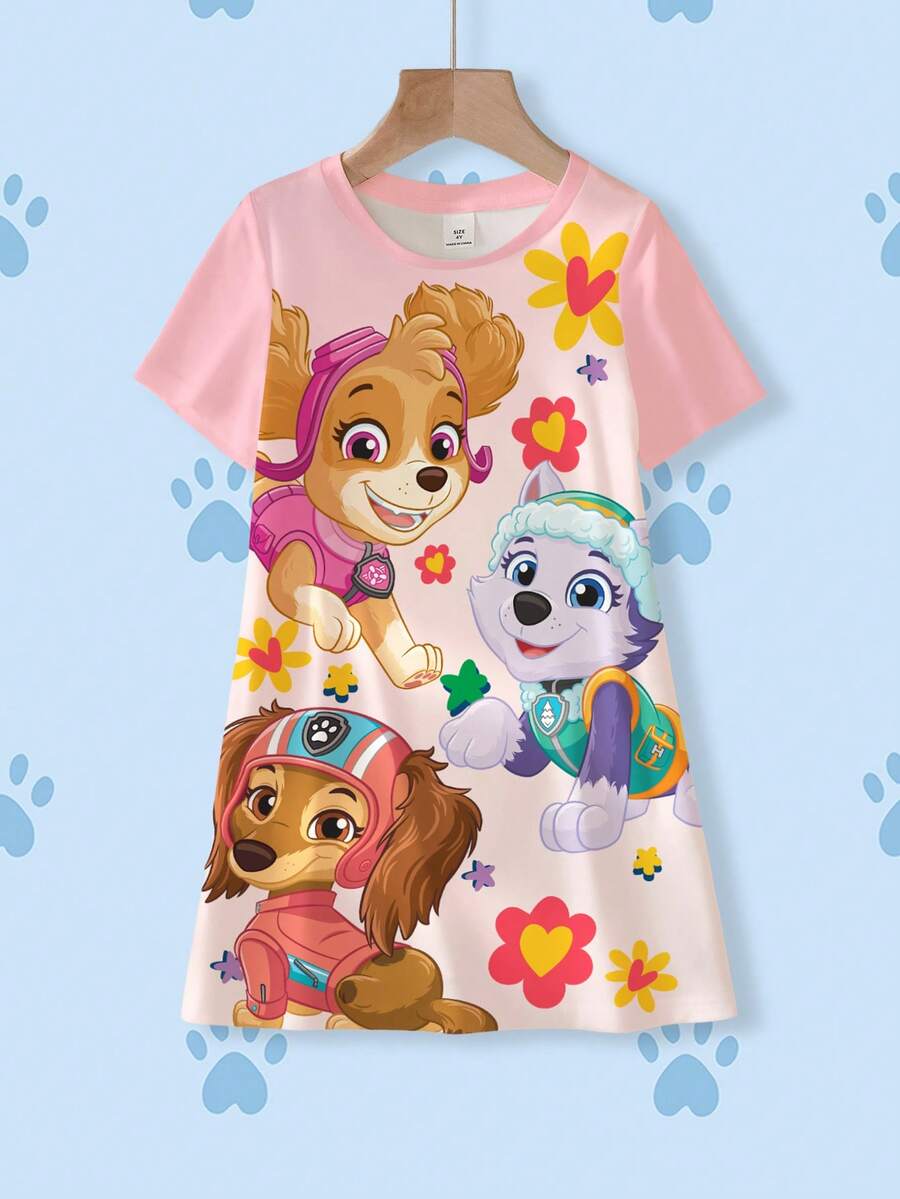 SHEIN | PAW Patrol 少女夏季可爱小狗和花卉印花短袖连衣裙 - 白色 - 查看 1