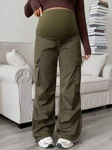 SHEIN Maternity Solid Color Adjustable Waist Pleated Loose Cargo Pants Fall - Green - View 3