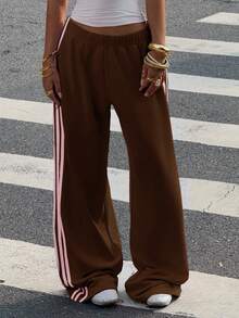 Muchica Women's Casual Brown Cotton Blend Knitted Wide Leg Sweatpants - Brown - View 7