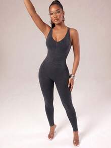 Radiana Women's Camisole Capris Backless Sports Jumpsuit Fitness & Gym  Running Yoga Pitalles Indoor Outdoor Active - Dark Grey - View 2