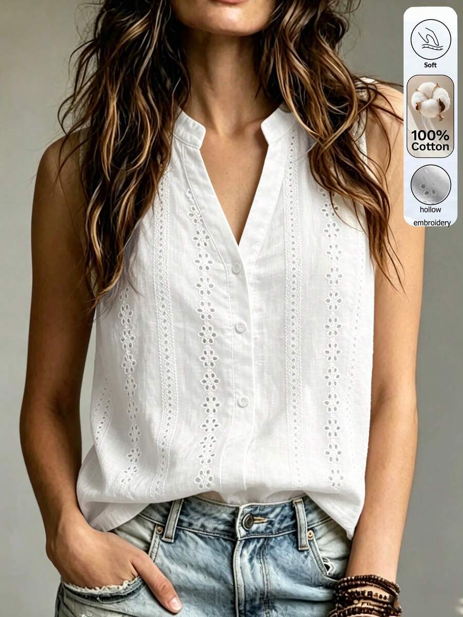 Louniche Women's Elegant Embroidered Hollow Out Blouse, Summer - White - View 1