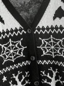 ROMWE Goth Dark Academia Plus Size Knit Cardigan Skull & Bat Jacquard V-Neck Long Sleeve Halloween Autumn/Winter Sweater Jacket - Black - View 4