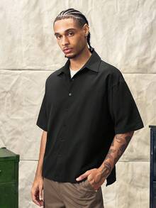 Norleigh Men's Solid Color Short Sleeve Single-Breasted Casual Shirt - Black - View 4